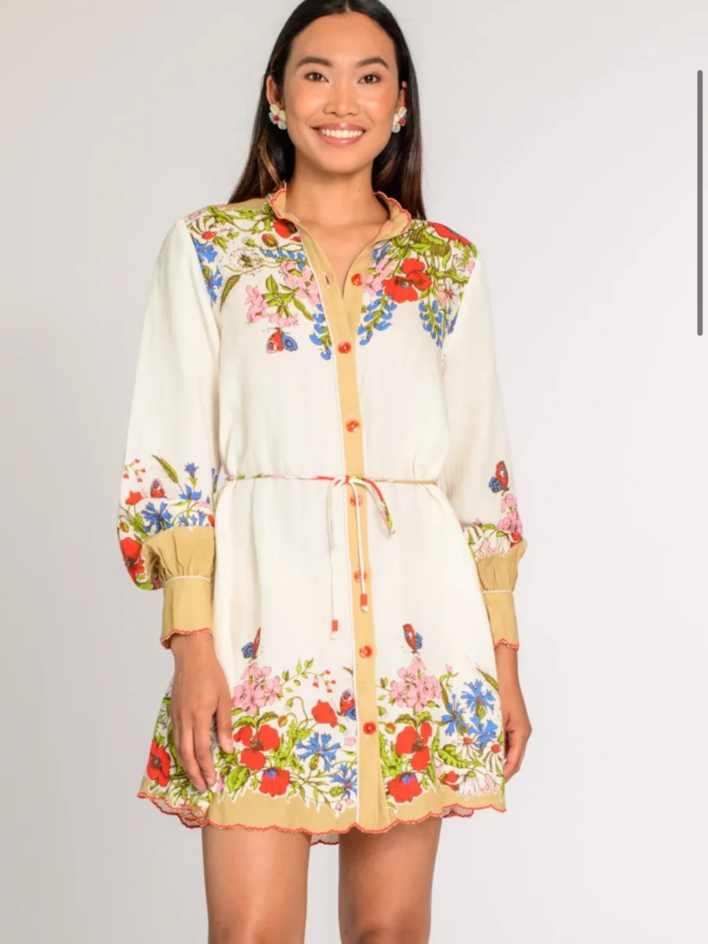 Floral Tie-Waist Cream Mini Dress